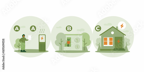 Three stages of energy consumption and savings illustrated with icons representing electricity and money