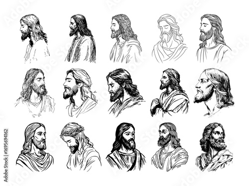 vintage jesus christ head sketches bundle engraving style