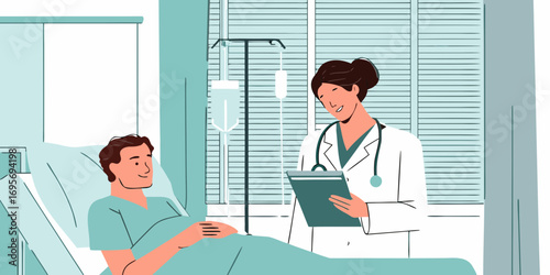Caring female doctor with stethoscope discusses medical chart with male patient in hospital bed