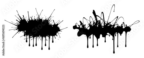 black ink paint splatter drip grunge vector set