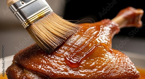 A close-up shot of a brush basting a perfectly cooked, glossy duck leg with a rich, savory sauce, highlighting the delicious texture and golden-brown skin.