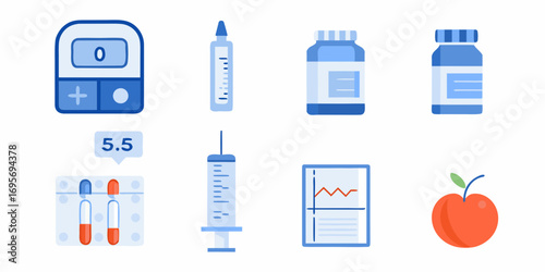 Collection of medical icons representing diabetes management including a glucose meter insulin syringes medication bottles blood test tubes and healthy food