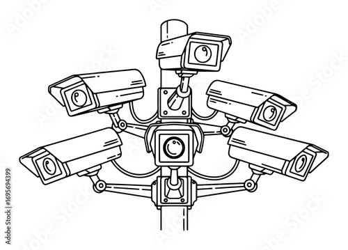cctv security cameras on pole line art vector illustration