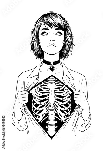 gothic girl revealing skeleton inside tattoo art vector