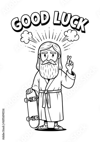 funny cartoon jesus with skateboard wishing good luck