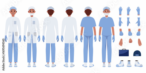 Medical professionals in protective gear showing front and back views with accessories