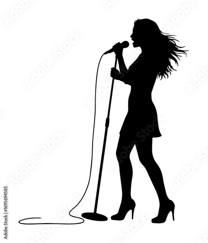 female singer silhouette with microphone vector icon