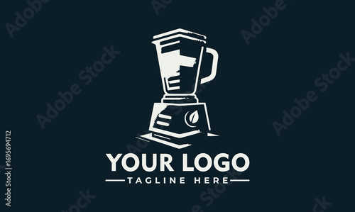 A stylized logo featuring a blender filled with liquid, and a tagline.