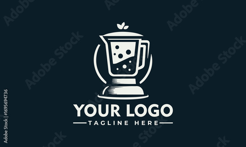A stylized logo featuring a blender filled with liquid, and a tagline.