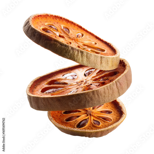 Dried bael fruit slices falling transparent background perfect for health food herbal tea or asian cuisine concepts
