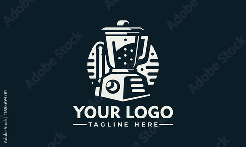 A stylized logo featuring a blender filled with liquid, and a tagline.