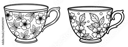 vintage teacups with floral pattern coloring page vector
