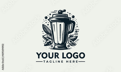 A stylized logo featuring a blender surrounded by leaves and decorative elements.