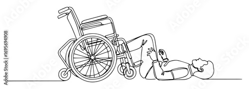 disabled person fallen from wheelchair one line art