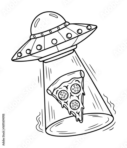 ufo abducting pizza slice funny cartoon vector