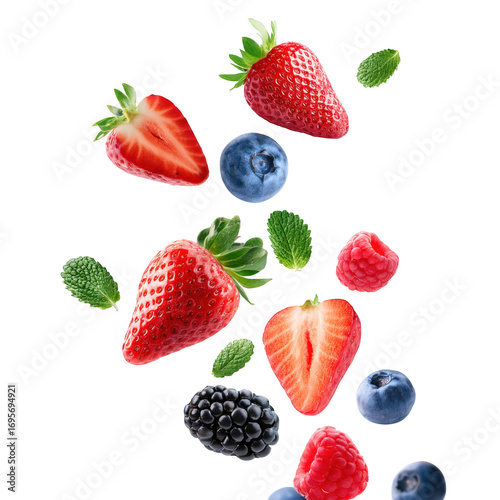 Fresh berries falling transparent background strawberries blueberries raspberries and blackberries delicious summer fruits