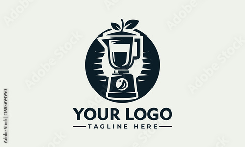 A stylized logo featuring a blender surrounded by leaves and decorative elements.