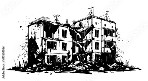 ruined destroyed building after war or disaster sketch vector