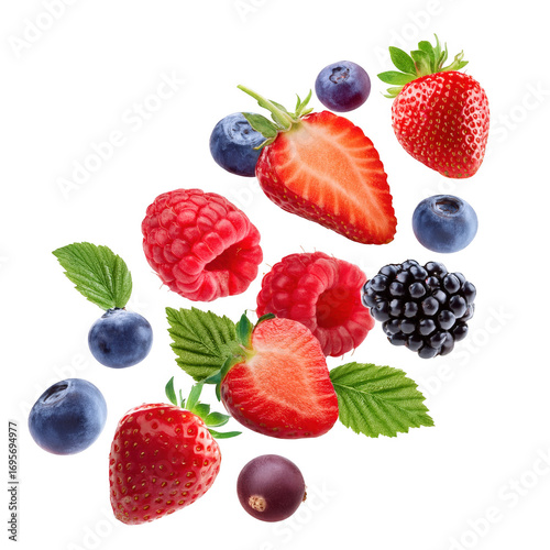 Fresh summer berries falling isolated transparent background raspberries strawberries blueberries and blackberries