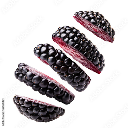 Sliced blackberries falling in air isolated transparent background fresh juicy berries healthy food