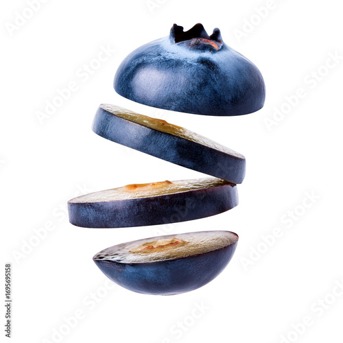 Fresh blueberry slices levitating against transparent background delicious and healthy summer fruit