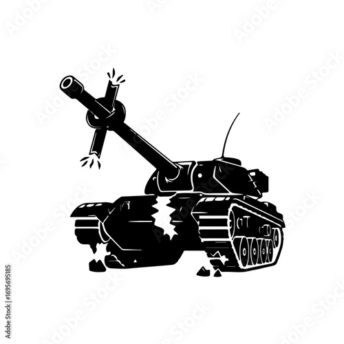 A striking black-and-white icon of a broken or dismantled tank, symbolizing the destruction of war and the powerful message of non-violence. This compelling graphic is ideal for peace-related campaign
