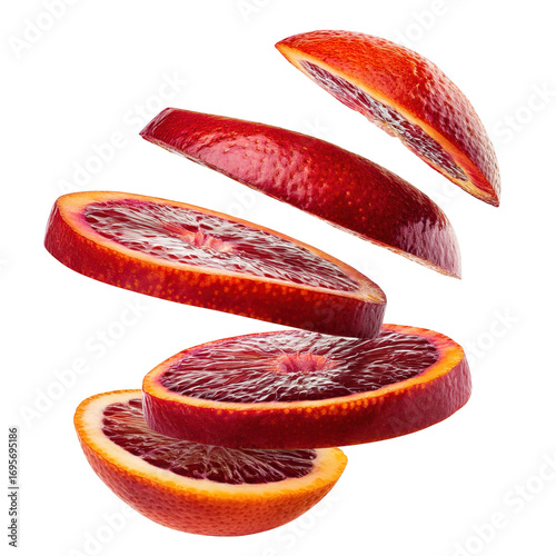 Slices of vibrant red blood orange fruit falling in mid air against transparent background a stunning food  image