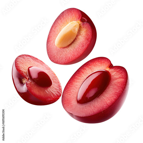 Three halved red cherries isolated transparent background perfect for juicy fruit designs and culinary advertisements