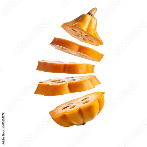 Vibrant orange sliced squash falling in air isolated transparent background fresh healthy food
