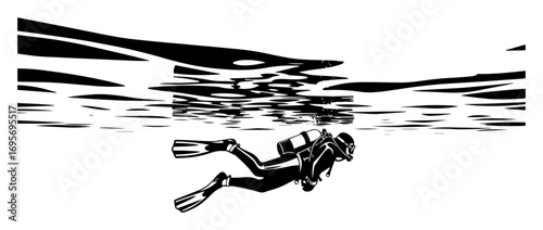 scuba diver swimming underwater silhouette vector illustration