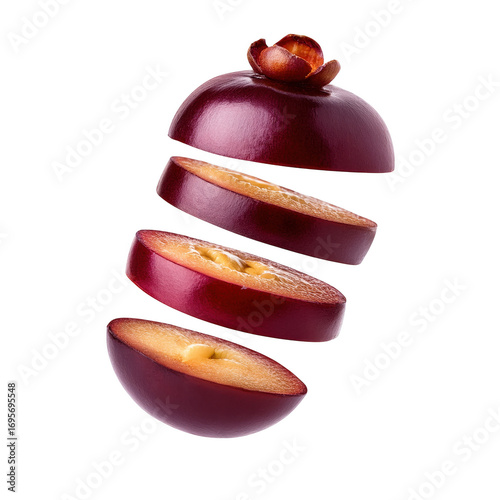 Sliced red grape fruit suspended in air vibrant juicy segments isolated transparent background