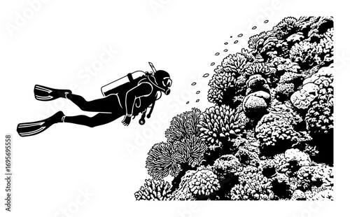 scuba diver exploring coral reef vintage vector illustration