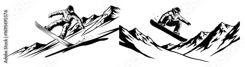 ski and snowboard mountain silhouette set winter vector