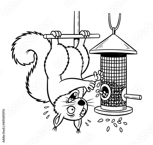 funny cartoon squirrel stealing from a bird feeder