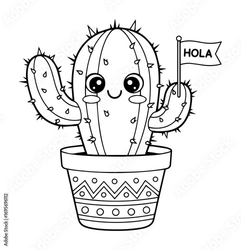 cute cactus with hola flag cartoon coloring page vector