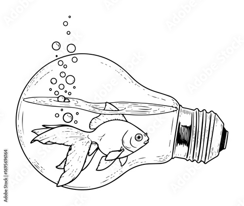 fish swimming in water inside light bulb surreal art