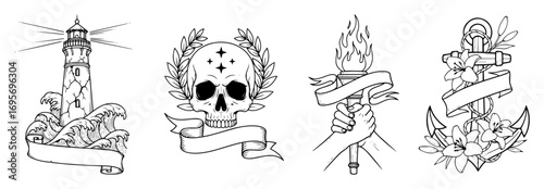 old school tattoo flash collection vector set