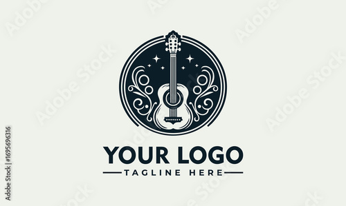 Elegant logo design featuring an acoustic guitar surrounded by decorative swirls and stars within a circular frame.