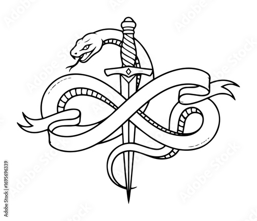 snake wrapped around dagger with banner tattoo design