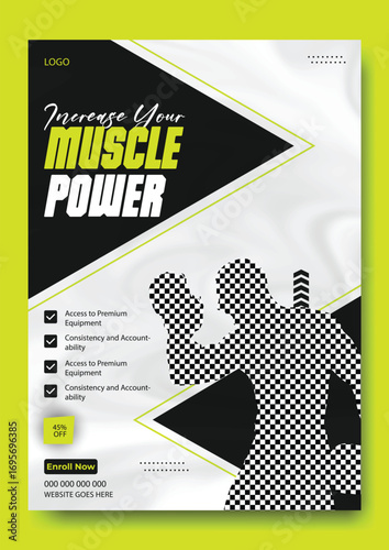 Fitness motivation graphic with muscular man and text promoting muscle power and strength training