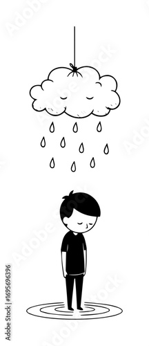 sad boy under personal rain cloud depression concept