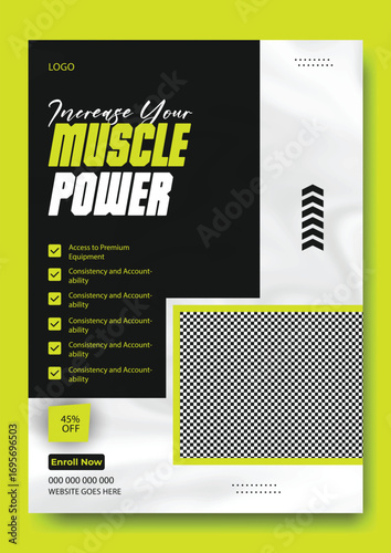 Fitness motivation poster with powerful muscle imagery and inspirational text for gym and workout enthusiasts