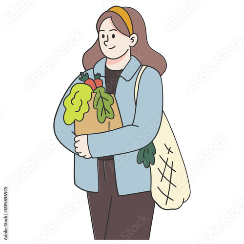 Young woman buying vegetable from vegetable market