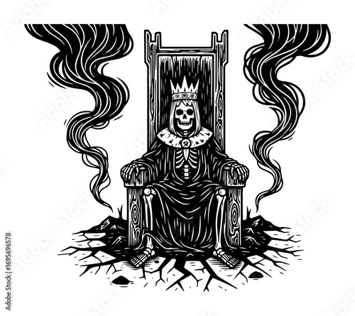 skeleton king on throne dark fantasy woodcut vector