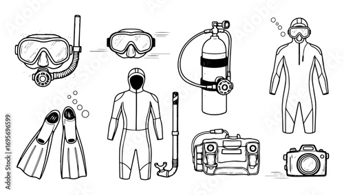 scuba diving and snorkeling gear doodle icon set vector