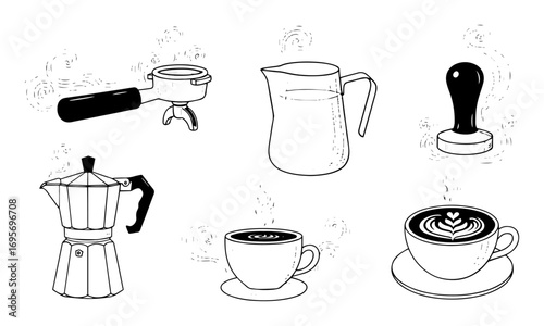 coffee brewing equipment set espresso portafilter moka pot vector