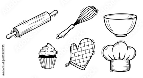 baking utensils kitchen tools rolling pin whisk cupcake vector