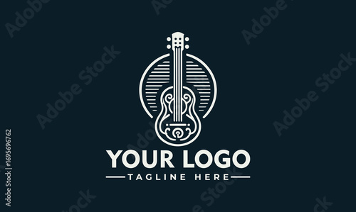 A stylized guitar graphic is centered within a circle, above placeholder text for a logo and tagline, all on a dark background.