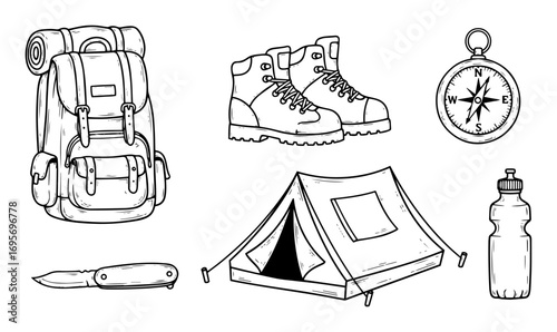 camping equipment gear set backpack tent compass vector