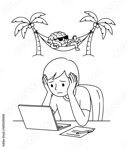stressed woman at laptop dreaming of vacation vector
